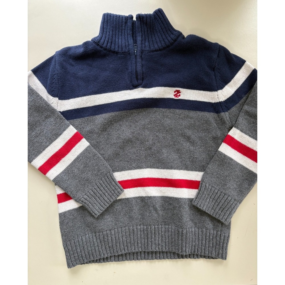 IZOD‎ Sweater Pullover 1/4 Zip Boys XS (4/5) Blue Gray Red White Logo Preppy